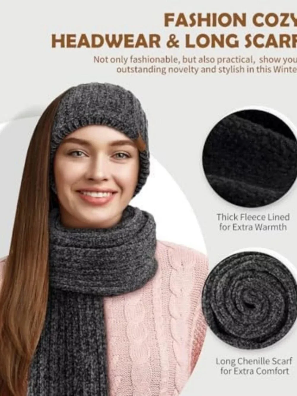 Cozy Winter Beanie, Scarf & Gloves Set - Chenille Knit, Fleece Lined